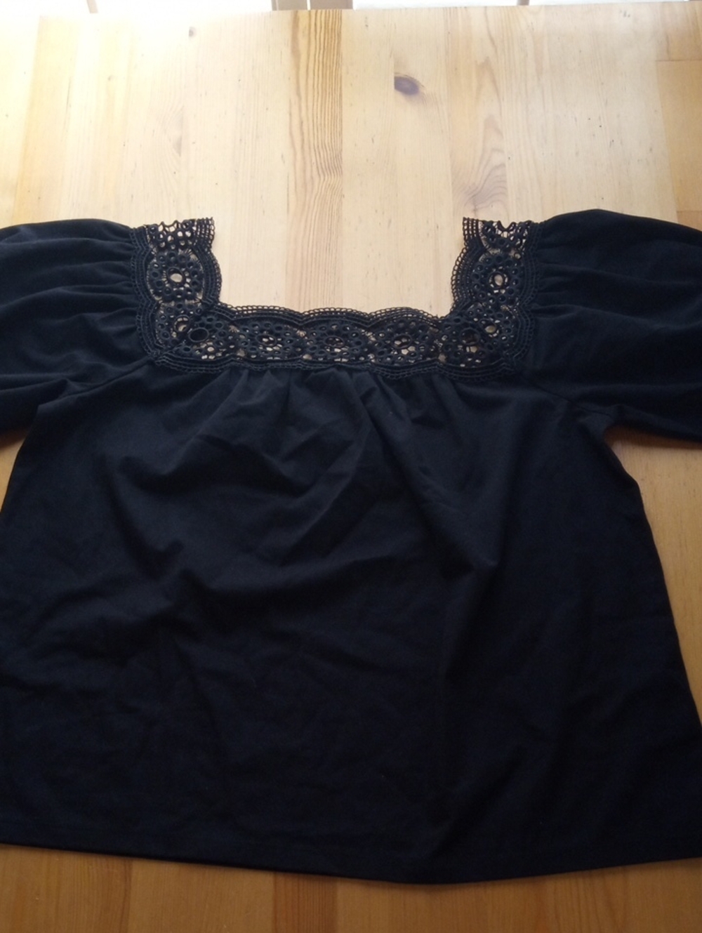 Ann Taylor Black Square-Neck Crochet Trim Top